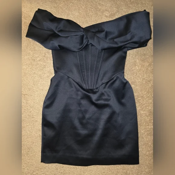 House of CB Nurul Satin Off Shoulder Mini Dress Navy Small - Picture 3 of 11